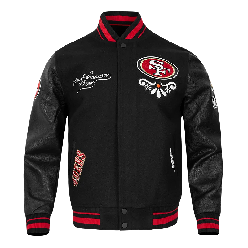 NFL SAN FRANCISCO 49ERS SUGAR SKULL MEN'S RIB WOOL VARSITY JACKET (BLACK/RED/BLACK)