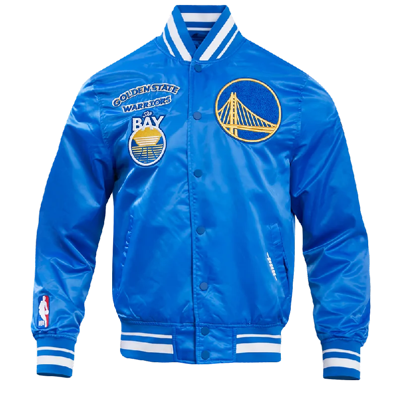 NBA GOLDEN STATE WARRIORS RETRO CLASSIC MEN'S RIB SATIN JACKET (ROYAL BLUE)