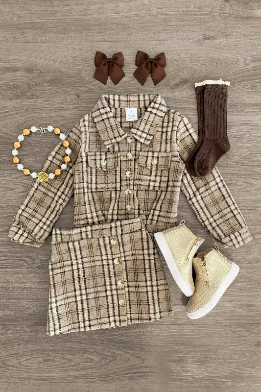 Brown Plaid Skirt Set