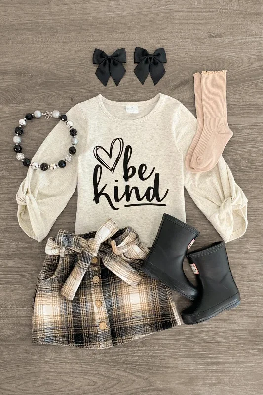 "Be Kind" Cream & Plaid Skirt Set