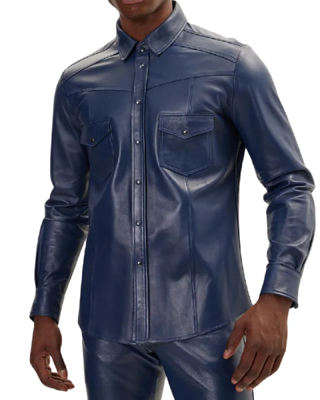 Mens Blue Leather Shirt