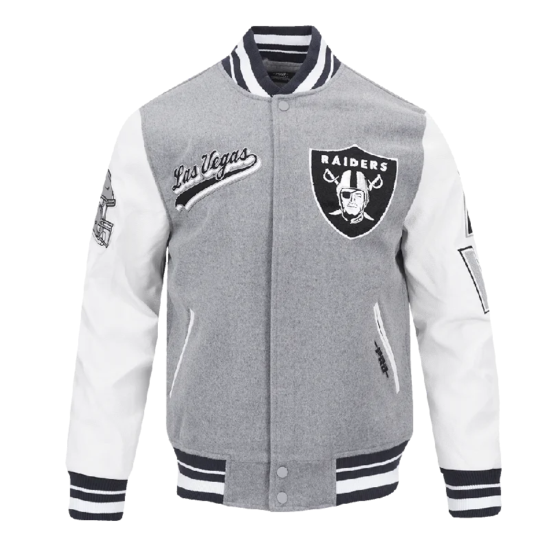 NFL LAS VEGAS RAIDERS SCRIPT TAIL MEN'S RIB WOOL VARSITY JACKET (HEATHER GREY/WHITE/BLACK)