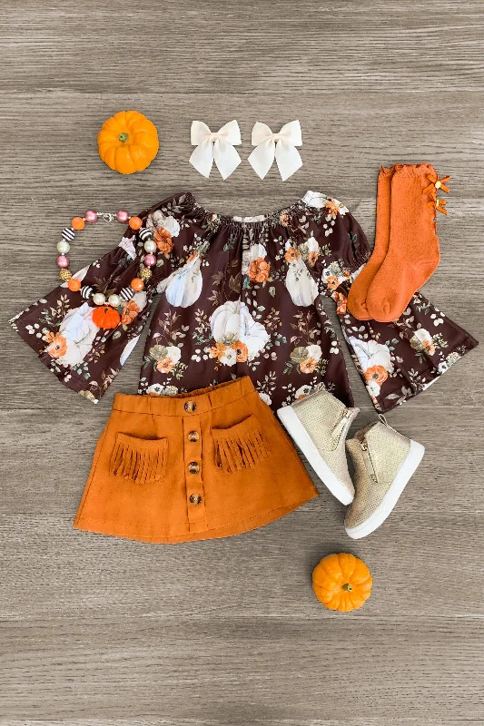 Pumpkin Floral Suede Skirt Set