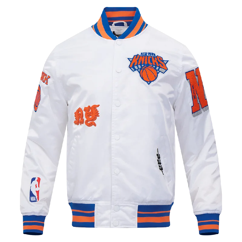 NBA NEW YORK KNICKS OLD ENGLISH MEN'S RIB SATIN JACKET (WHITE/ROYAL BLUE/ORANGE)