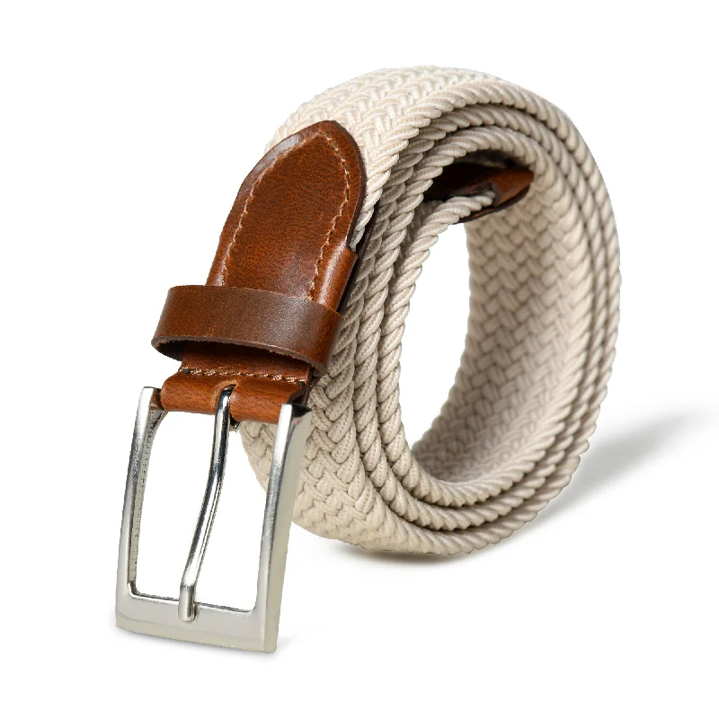 Cream & Brown Braided Canvas Leather Belt