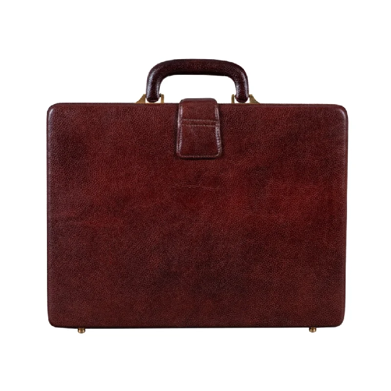 Executive Men's Leather Attache Briefcase Brown/Cherry Red