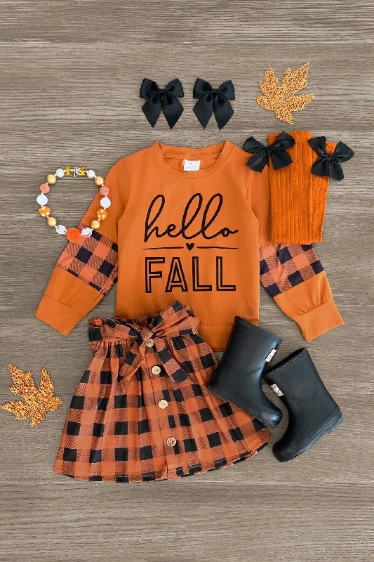 "Hello Fall" Orange Plaid Skirt Set