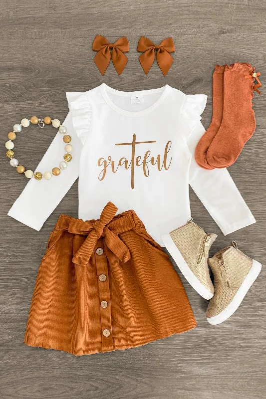 "Grateful" White Corduroy Skirt Set