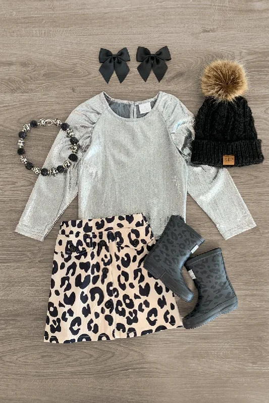 Silver Metallic Leopard Skirt Set