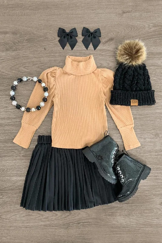 Tan Turtleneck Pleated Skirt Set