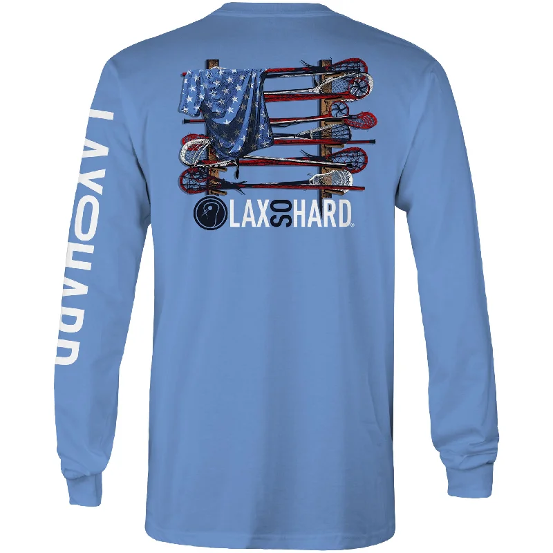 Mens Lacrosse Stick American Flag Long Sleeve T-Shirt - Blue