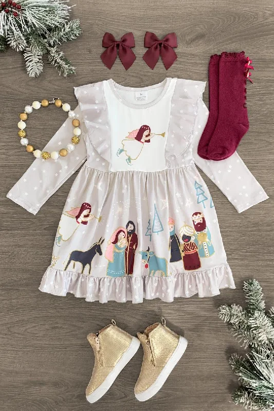 Gray Star Nativity Ruffle Dress