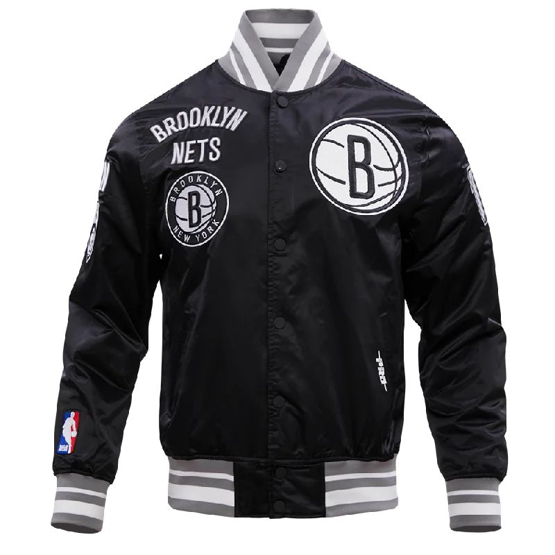 NBA BROOKLYN NETS RETRO CLASSIC MEN'S RIB SATIN JACKET (BLACK/GRAY)