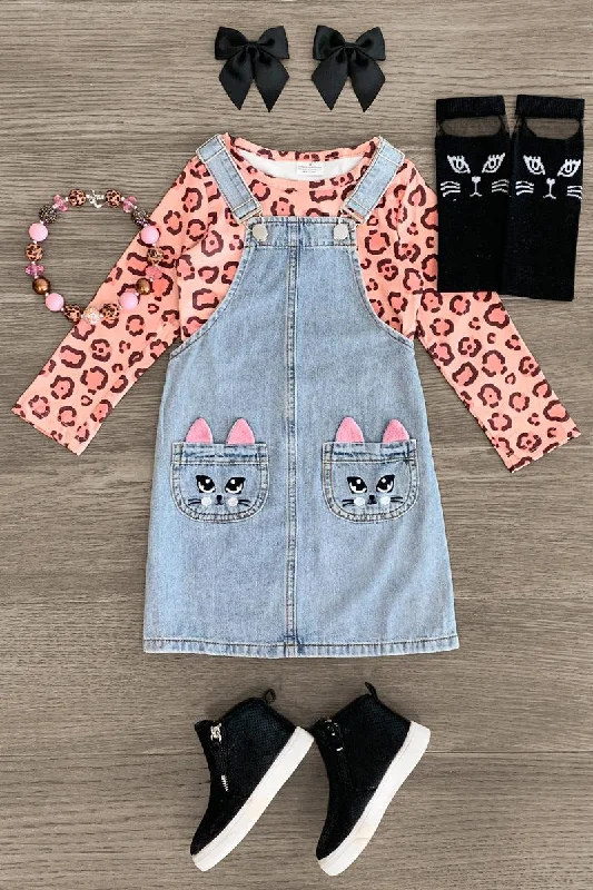 Pink Cheetah Cat Denim Dress Set