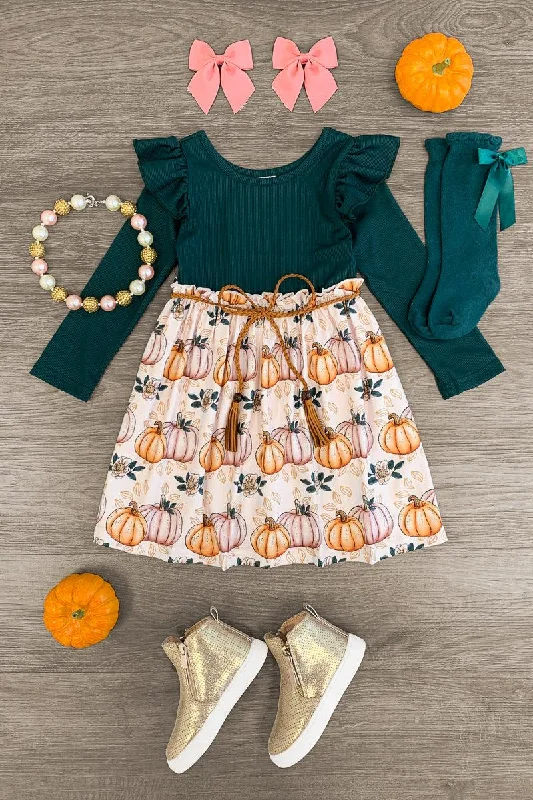 Green & Pink Pumpkins & Fall Leaves Dress