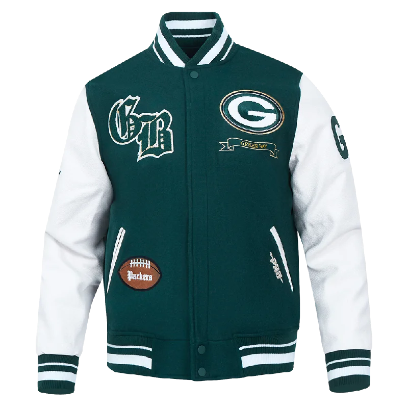 NFL GREEN BAY PACKERS PRO PREP WOOL VARSITY JACKET (FOREST GREEN/WHITE)