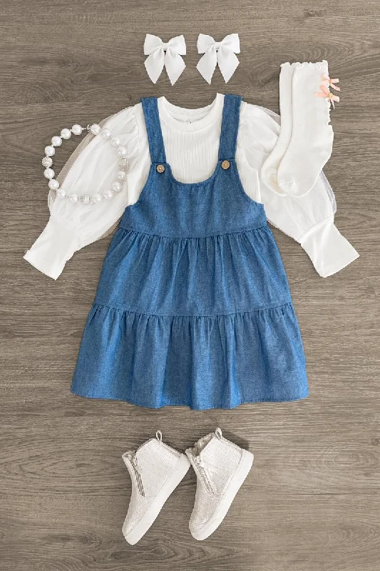 White Chambray Jumper Dress Set