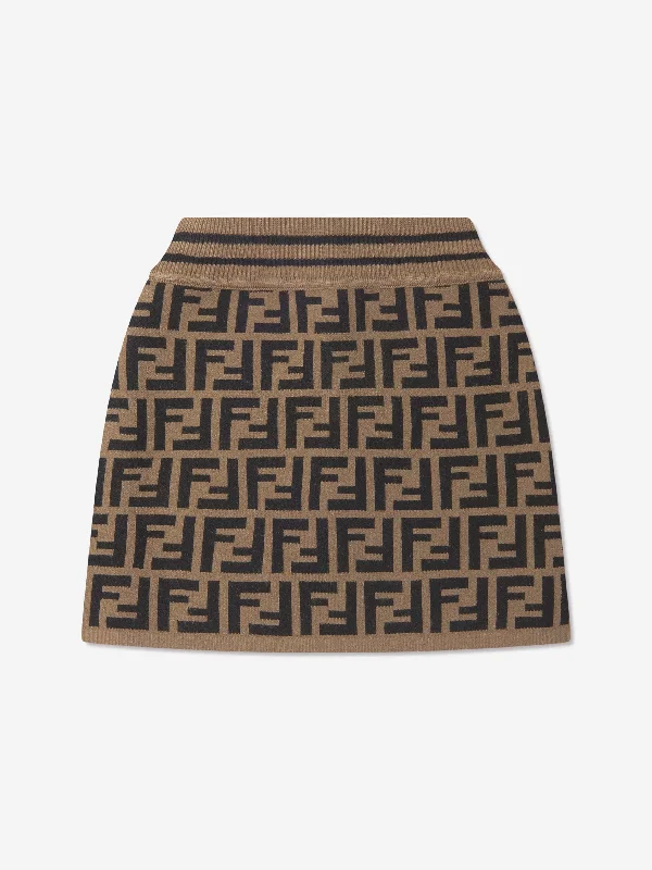 Fendi Girls FF Logo Knitted Skirt in Brown