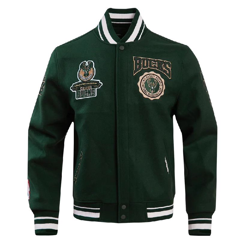 NBA MILWAUKEE BUCKS CREST EMBLEM RIB WOOL VARSITY JACKET (FOREST GREEN)