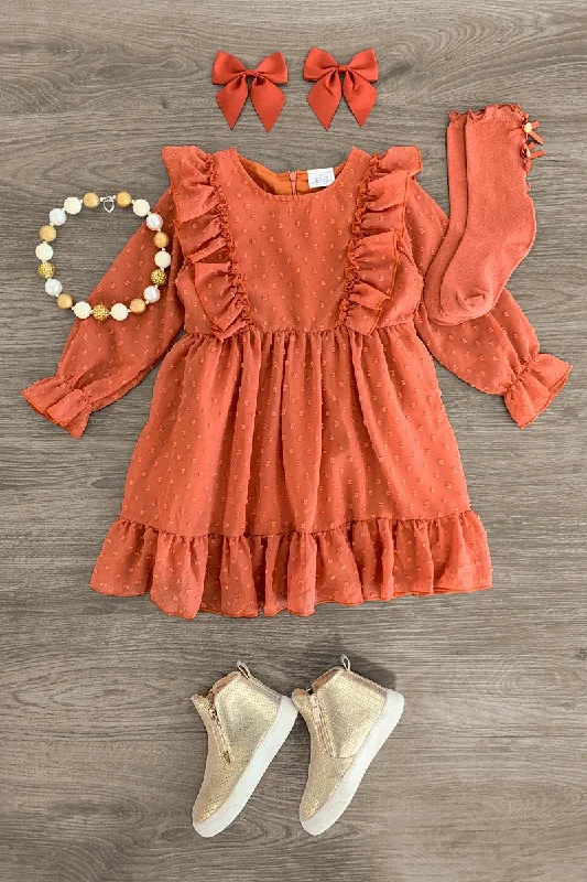 Rust Swiss Dot Ruffle Dress