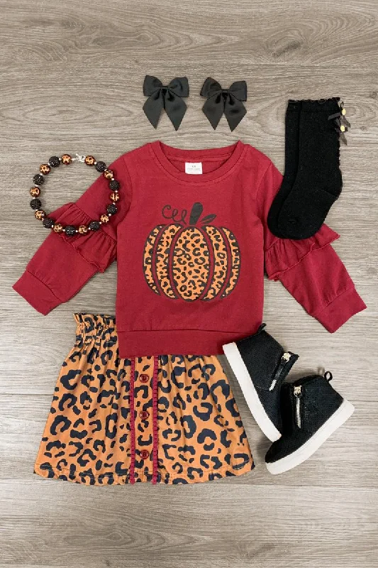 Burgundy Cheetah Pumpkin Skirt Set