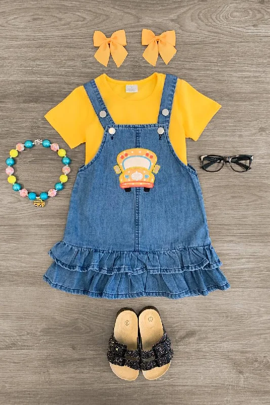 Yellow Bus Denim Overall Dress Set