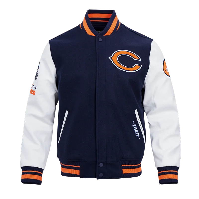 NFL CHICAGO BEARS OLD ENGLISH MEN'S RIB WOOL VARSITY JACKET (MIDNIGHT NAVY/ORANGE/MIDNIGHT NAVY)