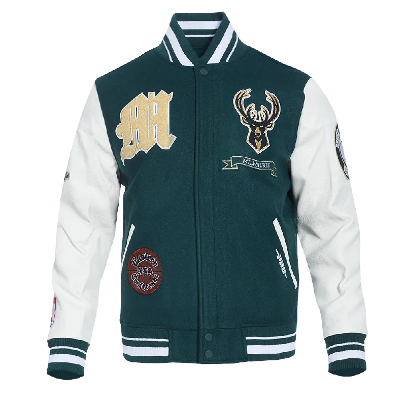 NBA MILWAUKEE BUCKS PRO PREP MEN'S WOOL VARSITY JACKET (FOREST GREEN/WHITE)