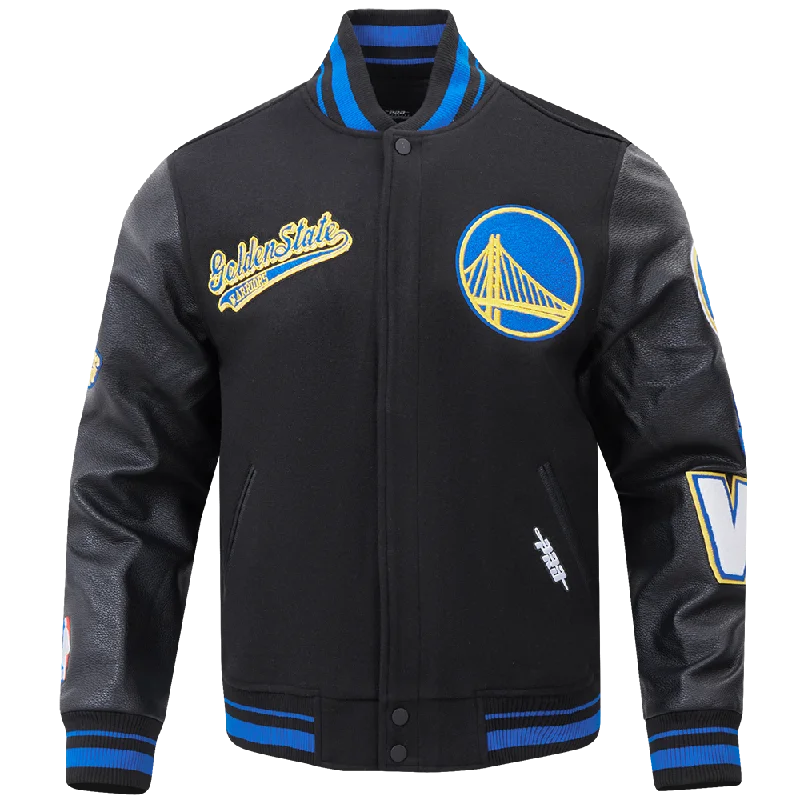 NBA GOLDEN STATE WARRIORS SCRIPT TAIL MEN'S RIB WOOL VARSITY (BLACK/ROYAL BLUE/BLACK)