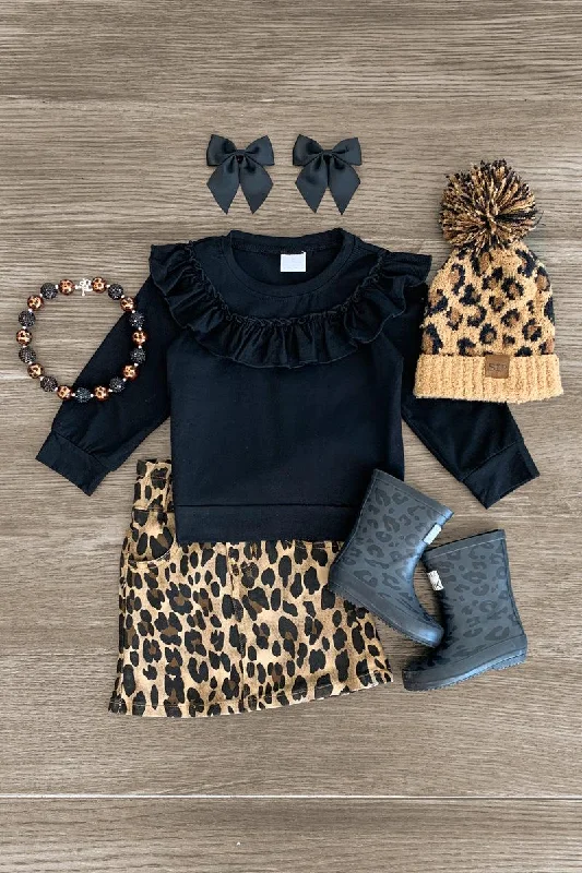 Black Cheetah Print Denim Skirt Set