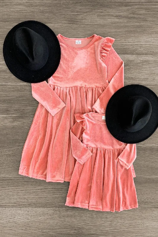 Mom & Me - Pink Velvet Ruffle Dress