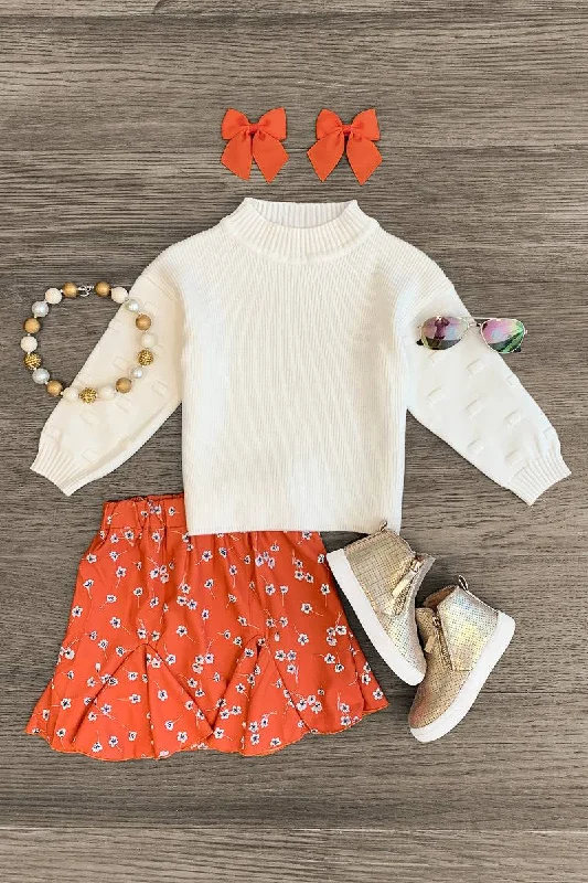 Orange Floral Sweater Skirt Set