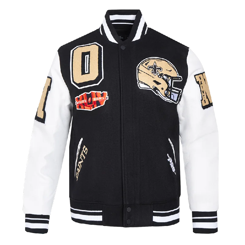 NFL NEW ORLEANS SAINTS MASHUP MEN'S RIB WOOL VARSITY JACKET (BLACK/WHITE)