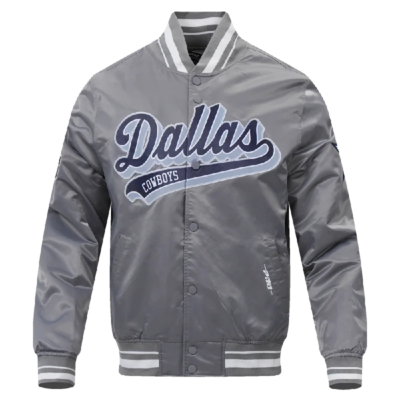 NFL DALLAS COWBOYS SCRIPT TAIL MEN'S SATIN JACKET (GRAY)