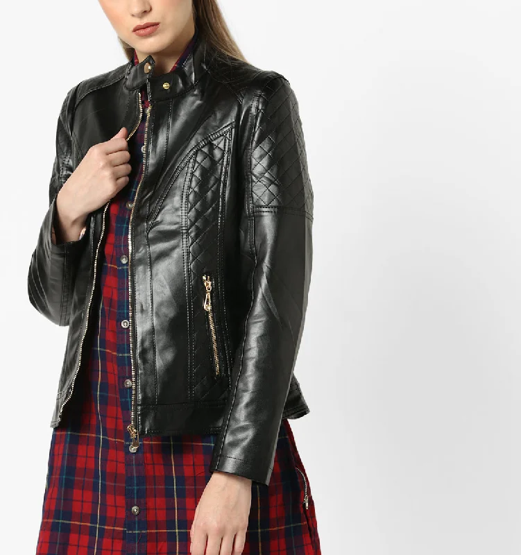 Women Real Lambskin Leather Biker Jacket KW573