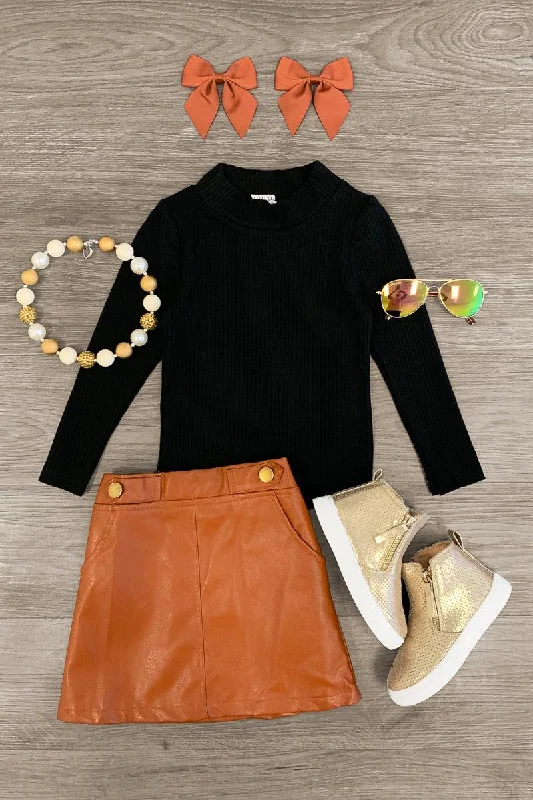 Brown Pleather Skirt Set