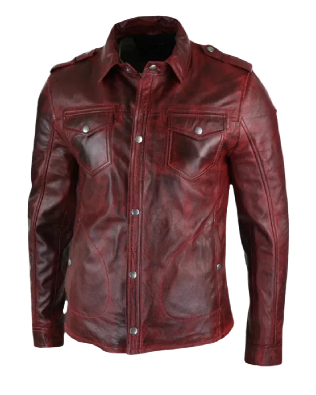 Leather Shirt Jacket for Men | Maroon