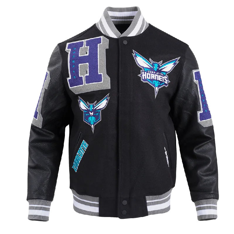 NBA CHARLOTTE HORNETS MASHUP MEN'S RIB WOOL VARSITY JACKET (BLACK/GRAY)