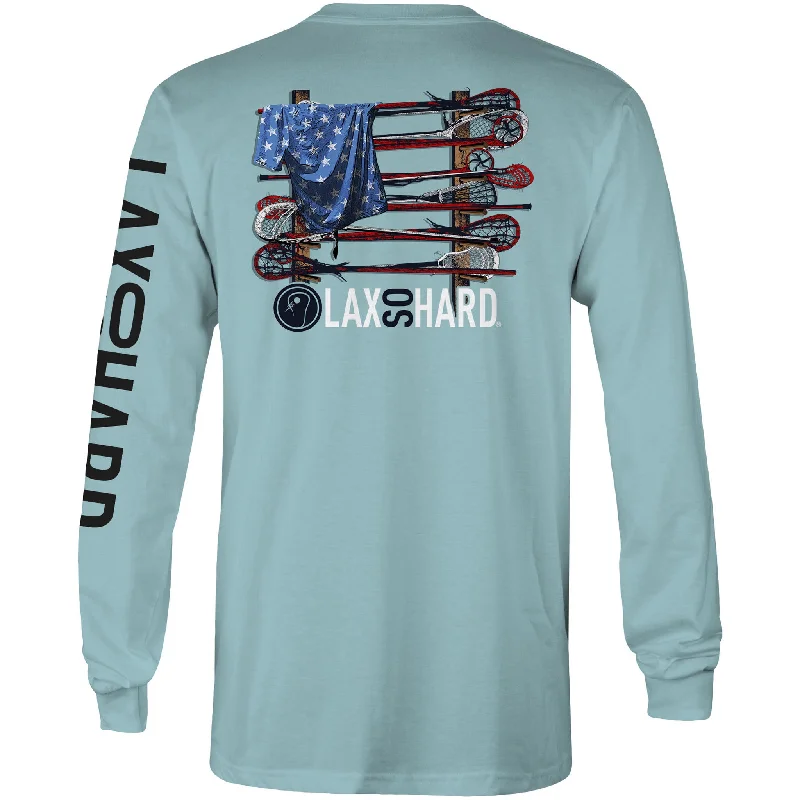 Mens Lacrosse Stick American Flag Long Sleeve T-Shirt - Cool Mint