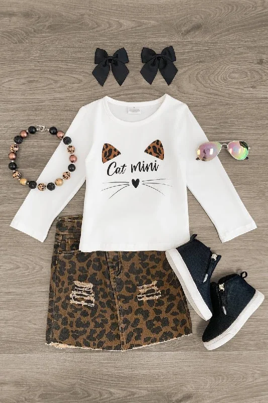 "Cat Mini" Cheetah Denim Skirt Set