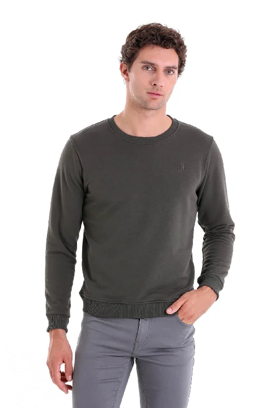 Regular Fit Cotton Blend Khaki Crewneck Sweatshirt