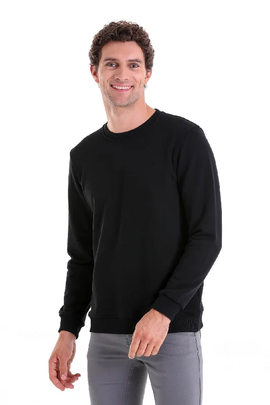 Regular Fit Cotton Blend Black Crewneck Sweatshirt