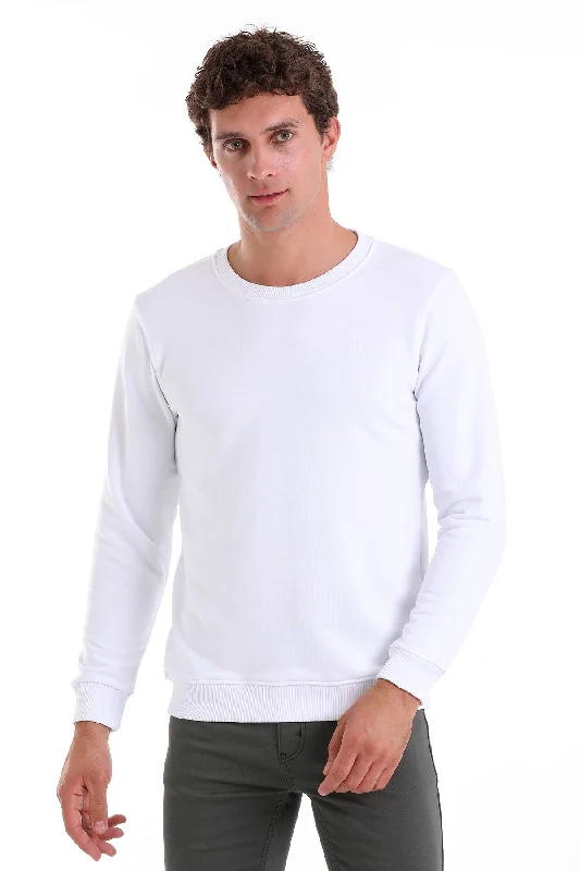 Regular Fit Cotton Blend White Crewneck Sweatshirt