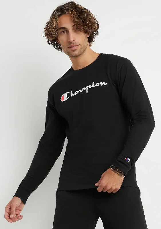 Champion Mens Script Long Sleeve Tee Black <br> AXQNN