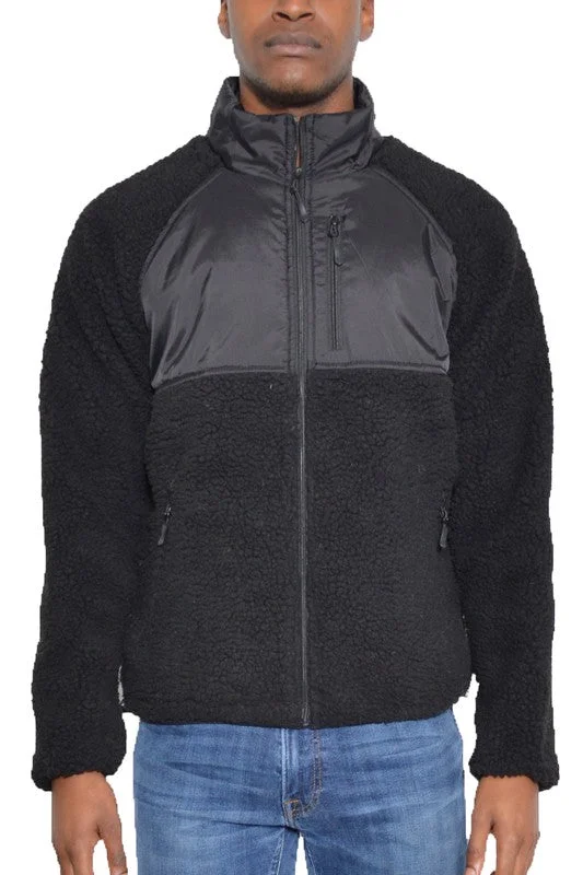 Stand Collar Color Block Full Zip Male Sherpa Fleece Sweater (5 colors)