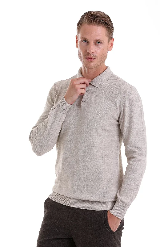 Regular Fit Beige Polo Sweater