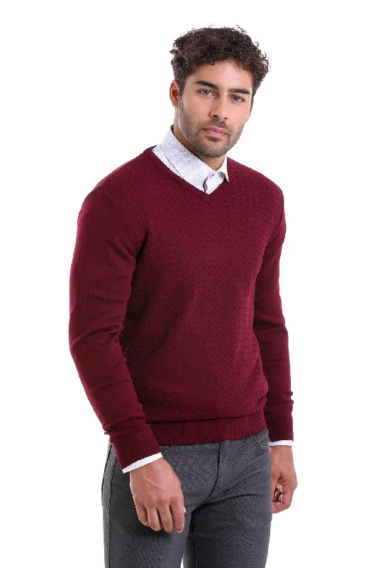 Regular Fit Burgundy V-Neck Sweater