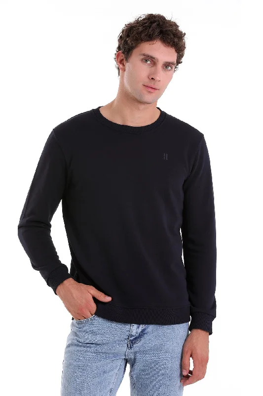 Regular Fit Cotton Blend Navy Crewneck Sweatshirt