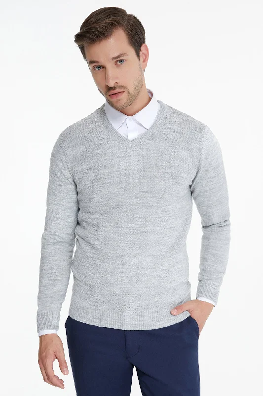 Regular Fit Light Gray V-Neck Sweater