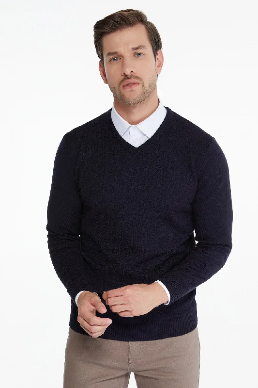 Regular Fit Navy V-Neck Sweater